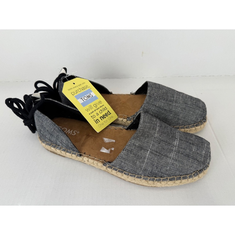 TOMS Espadrille Flats Ankle Tie Tassel Blue/Black 8.5 Boho D'Orsay